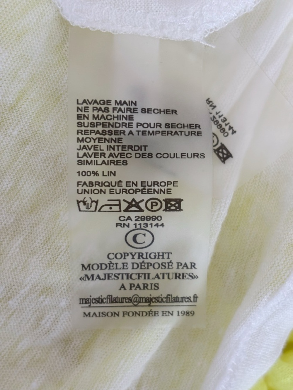 Majestic Filatures Deluxe Linen Layered T Shirt Neon Yellow & White Sz 3 Large - Picture 6 of 7